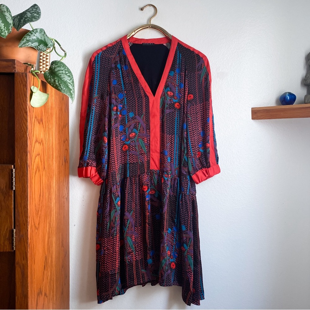 Siseley Paris Red Floral Art Deco Drop Waist Dress- Large/XL (12/14)